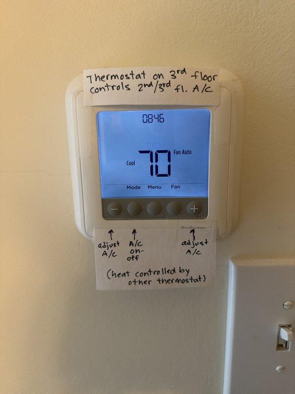 Performed preventive maintenance on dual condenser system with multi-zone configuration. Inspected third-floor thermostat controlling second and third floor cooling zones, verified proper operation and temperature settings. Examined condensate drain system and pump installation in basement, confirmed proper drainage function and secure connections of discharge lines and electrical components.