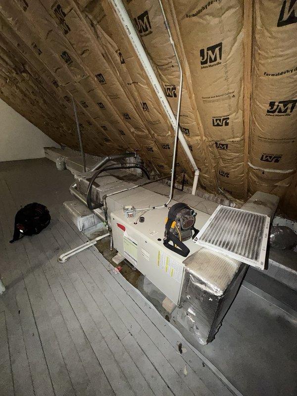 Responded to no cooling call on residential HVAC system less than 10 years old. Performed diagnostic inspection of air handler unit located in attic space, checked refrigerant lines, ductwork connections, and electrical components. System evaluated and customer provided with pricing options for necessary repairs.