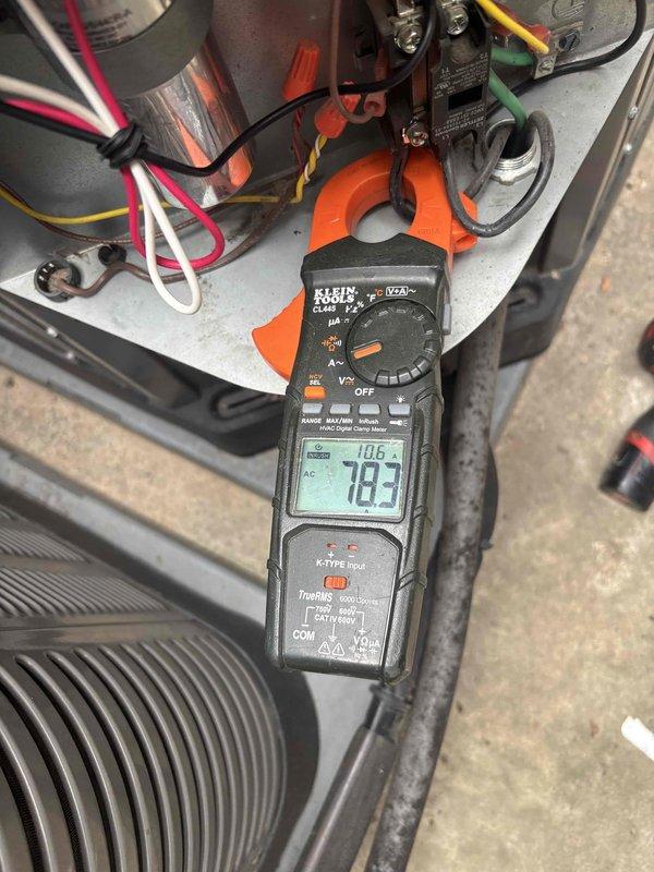 Replaced failed contactor on HVAC system to restore proper compressor operation. Added compressor saver hard start kit to protect compressor and improve startup performance. Verified system operation with electrical measurements showing proper amperage draw of 78.3 amps, confirmed all connections secure, and tested thermostat functionality with unit cycling properly.