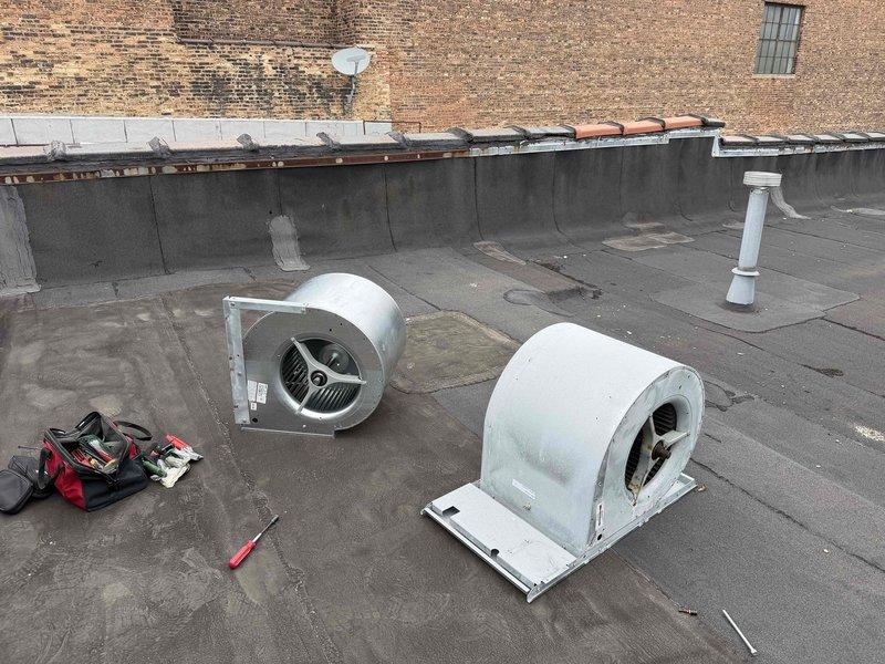 Responded to service call for rooftop package unit requiring blower assembly replacement. Upon arrival, accessed the unit and confirmed failed blower assembly with motor bearing failure and damaged wheel. Removed old blower assembly from cabinet, disconnected electrical connections, and extracted complete assembly including motor, wheel, and mounting hardware. Installed new OEM blower assembly, secured mounting brackets, reconnected wiring per manufacturer specifications, and verified proper rotation direction. Tested unit operation through complete heating and cooling cycles, confirmed adequate airflow across evaporator coil, and verified amp draw within normal parameters. Left unit operational with restored airflow capacity.