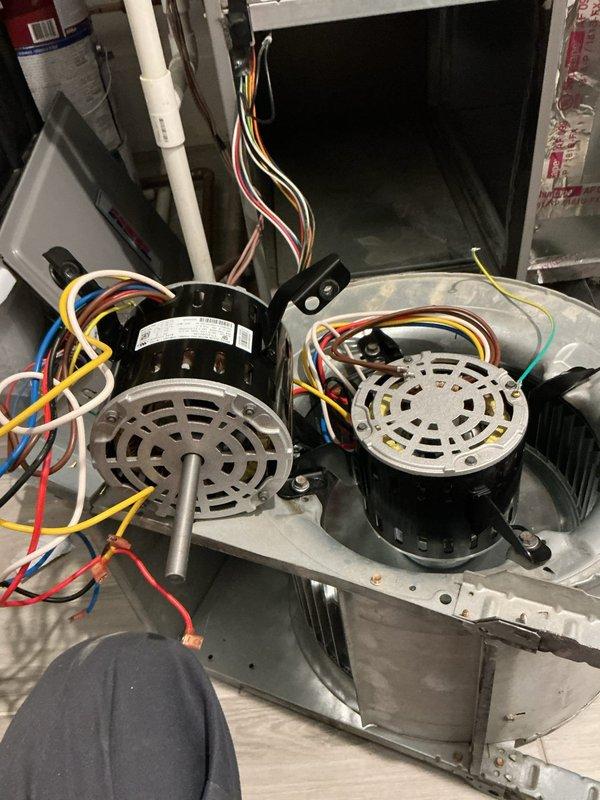 Returned to complete blower motor replacement as previously scheduled. Successfully removed failed blower motor assembly and installed new replacement unit, ensuring proper mounting and secure electrical connections to control board. Verified all wire terminations, tested motor operation across all speeds, and confirmed system functionality before completing the warranty service.
