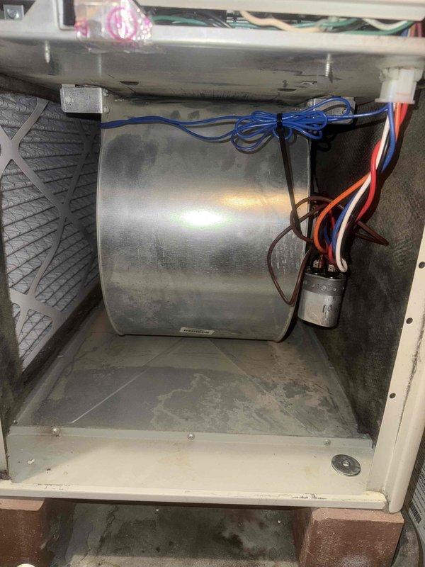 Returned to property to complete blower motor replacement on air handler unit. Successfully removed failed blower motor assembly from cabinet, installed new motor with proper electrical connections, and verified operational functionality of the HVAC system upon completion.