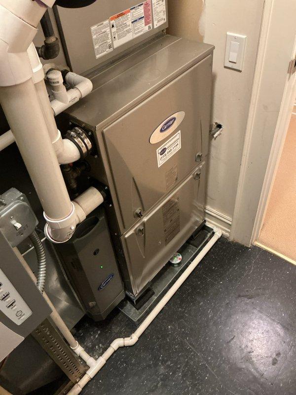 # HVAC Service Report - No Cool Condition

## System Information
Carrier furnace/HVAC system located in basement utility closet, less than 10 years old.

## Problem Reported
System displaying fault malfunction code 24, no cooling operation.

## Diagnostic Findings
Upon arrival, confirmed system was displaying error code 24 on control board. Inspected Carrier unit and associated components in basement mechanical room. Visual inspection revealed blown fuse on main control board. Examined circuit board wiring connections and identified compromised fuse in purple automotive-style holder with multiple wire terminations using push-in connectors.

## Work Performed
- Verified system malfunction code 24 on control board
- Performed visual inspection of furnace and air handler components
- Identified blown fuse on electronic control board
- Replaced defective fuse in circuit board fuse holder
- Verified proper wire connections at control board terminal points
- Tested system operation following