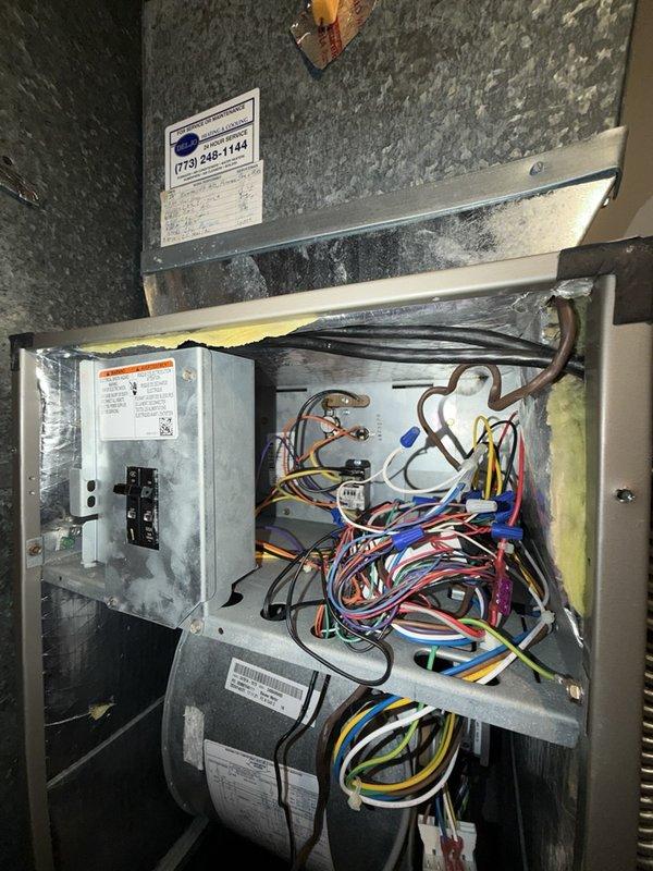 Completed comprehensive HVAC maintenance agreement service on air handler system with heat strip and air conditioning components. Performed thorough inspection of internal electrical and mechanical components, including blower motor, capacitors, wiring connections, and control board housed within closet installation. Verified proper operation of all electrical connections and components, inspected refrigerant lines, and confirmed heat strip functionality. Installed new 16x20x1 filter as part of routine maintenance protocol. Verified smart thermostat operation displaying 70°F setpoint with heating mode engaged. All system components found operational with no deficiencies noted during inspection.