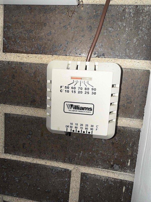 Provided comprehensive estimate for complete replacement of existing Williams wall-mounted gas heater system, including removal of current unit and thermostat control. Assessed installation location on brick wall, documented existing equipment configuration, and specified requirements for new heating system installation with updated controls and proper venting.
