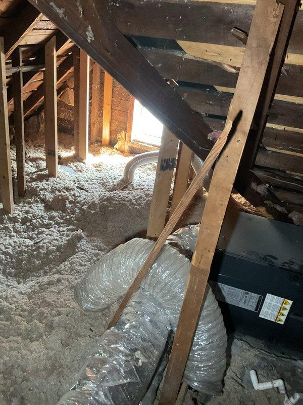 Responded to no cooling complaint on air handler unit located in attic space. Upon inspection, discovered active water leak from drain pan causing system malfunction. Removed access panel to assess internal components and verified blower assembly and electrical controls were operational. Cleared condensate drain line obstruction and treated with algaecide tablets to prevent future blockages. Confirmed proper drainage flow and verified system returned to normal cooling operation with no further leakage detected.