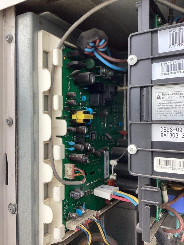 Responded to third callback for non-operational server room mini-split system. Upon arrival, performed comprehensive diagnostic using manifold gauge set to check refrigerant pressures and system operation. Inspected control board assembly and internal electronic components, including EEPROM module and circuit board connections. Documented equipment conditions with detailed photography of gauges, pressure readings, and control board configuration for further analysis and warranty documentation purposes.