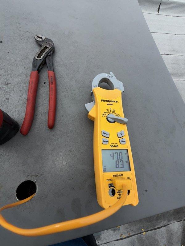 Responded to no cooling call on commercial rear unit. Upon arrival, performed diagnostic testing with clamp meter and found thermostat malfunction preventing proper system operation. Replaced faulty thermostat and verified proper electrical readings and system function. Unit tested and confirmed cooling properly upon departure.