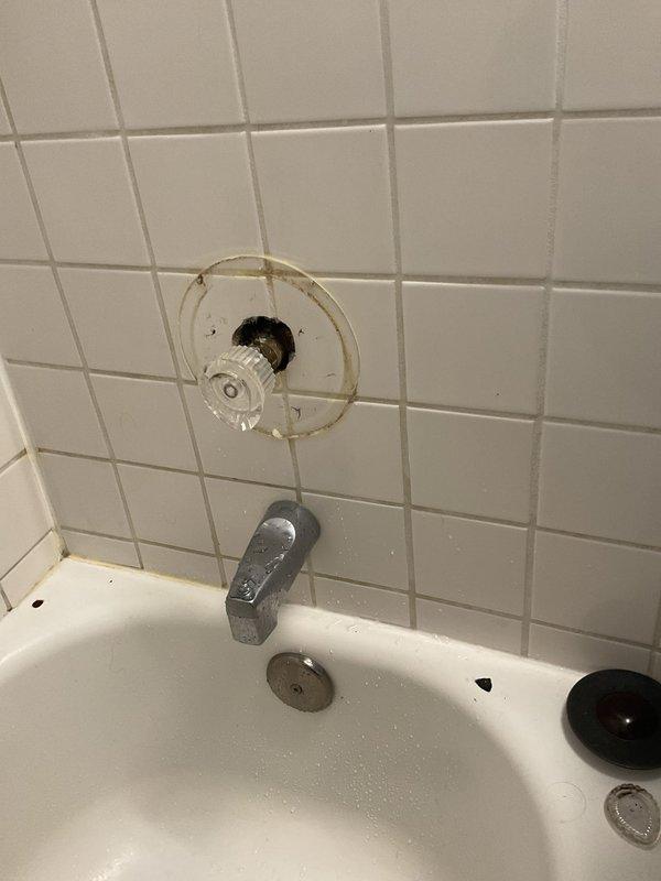 Responded to temperature control issue with shower/tub fixture. Upon inspection, found deteriorated escutcheon plate with significant water staining and corrosion around shower valve assembly, indicating long-term moisture intrusion behind wall penetration. Addressed temperature regulation concern by servicing the shower valve mechanism, which showed visible wear and age-related deterioration affecting proper hot/cold water mixing function.