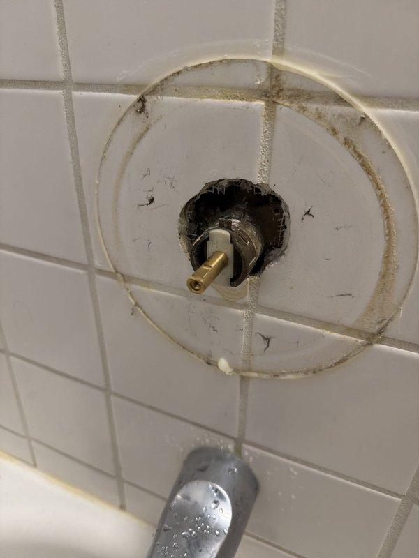 Responded to temperature control issue with shower/tub fixture. Upon inspection, found deteriorated escutcheon plate with significant water staining and corrosion around shower valve assembly, indicating long-term moisture intrusion behind wall penetration. Addressed temperature regulation concern by servicing the shower valve mechanism, which showed visible wear and age-related deterioration affecting proper hot/cold water mixing function.