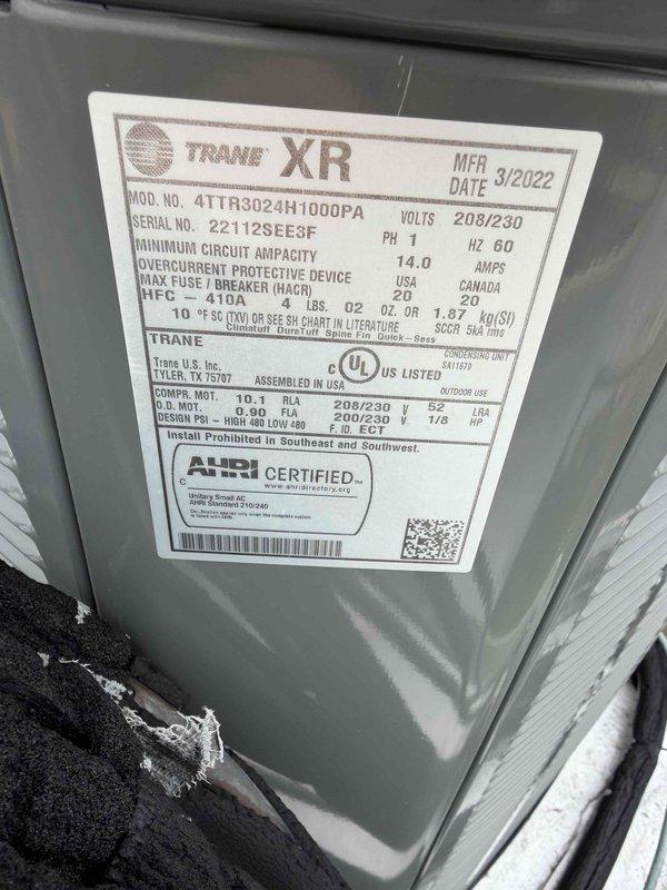 Responded to E103 error code on Nest thermostat for a 9-year-old Trane XR air conditioning system (Model 4TTR3024H1000PA). Diagnosed and resolved thermostat wiring/contact issue at the rooftop unit. System restored to normal cooling operation without requiring thermostat replacement.