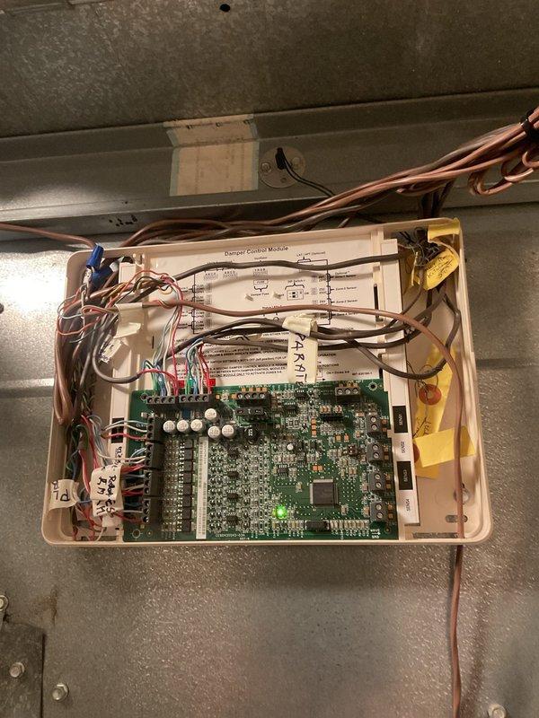 Responded to warranty service call for Infinity thermostat replacement. Upon inspection, determined existing thermostat requires replacement under warranty coverage. Documented system components including damper control module and internal wiring configuration. Coordinated with shop to schedule return visit with new Infinity thermostat for installation and system restoration.