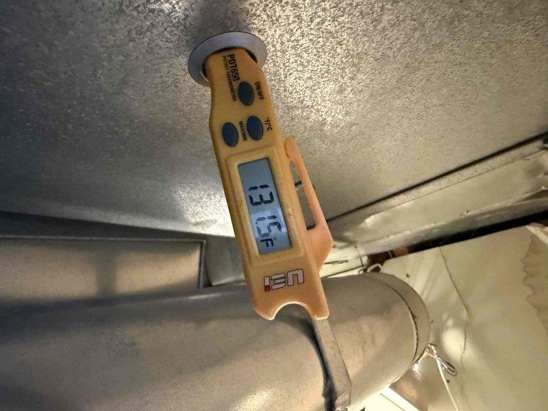 Completed routine HVAC maintenance agreement inspection on residential furnace system. Performed visual inspection of furnace interior components, verified proper airflow through ductwork connections, and documented temperature differential readings at supply duct measuring 13.5 degrees. All equipment operating within normal parameters with no deficiencies noted.
