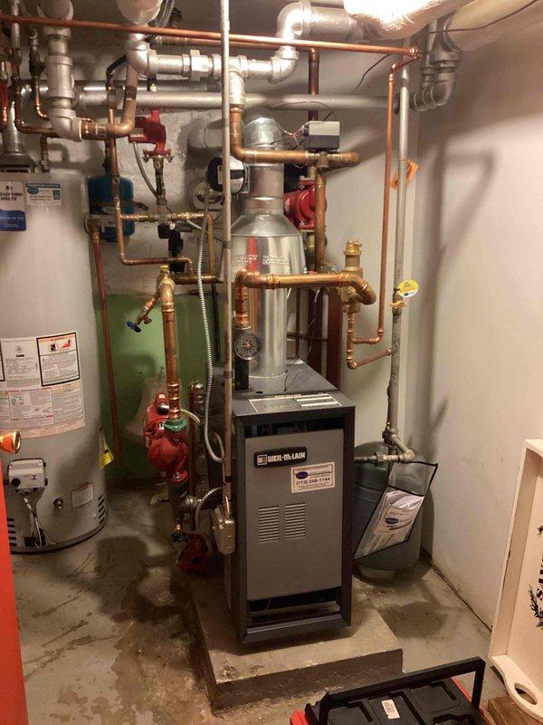 Performed comprehensive gas startup and inspection on newly installed 2025 model boiler system. Verified proper operation of all four burner assemblies, confirmed ignition sequence, and tested safety controls including flame sensors and limit switches. Inspected hydronic heating system components including circulator pump, expansion tank, zone valves, and pressure relief valve for proper installation and function. System brought online successfully with all parameters within manufacturer specifications.