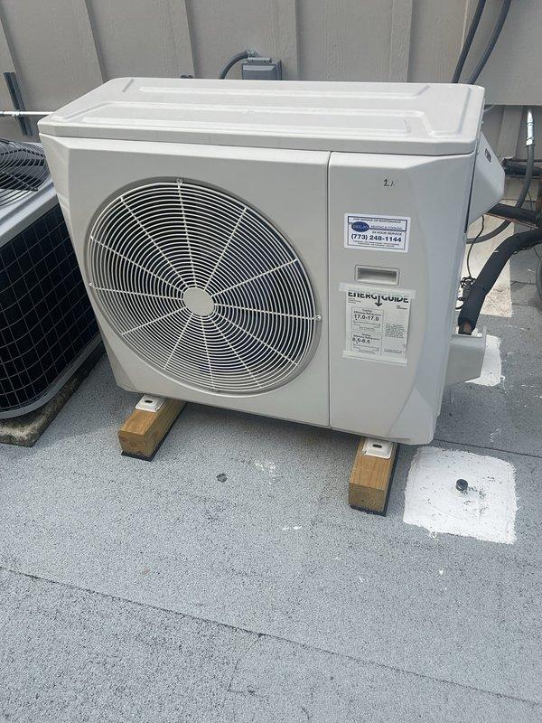 Completed comprehensive preventive maintenance agreement inspection on residential HVAC system including one furnace unit, one humidifier assembly, and outdoor condensing unit. Inspected humidifier basin and electronic control panel, verified proper operation of LED indicator and control functions. Evaluated outdoor condenser unit mounted on rooftop platform with proper elevation supports, confirmed secure installation and verified unit accessibility for service. All equipment found operating within normal parameters and documentation captured for service records.