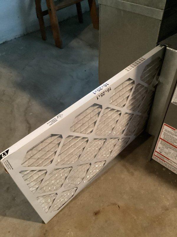 Completed preventative maintenance agreement inspection on gas furnace system. Observed severe frost accumulation on evaporator coil with surface temperature reading of 150.88°F, indicating potential airflow restriction or refrigerant issue. Replaced air filters with new pleated units to restore proper system airflow and efficiency.