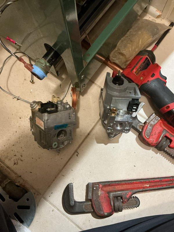 Returned to complete installation of new gas valve, pressure reducing valve, venting components, and thermocouple on heating system. Successfully replaced all defective components, verified proper gas pressure regulation, ensured secure venting connections, and confirmed thermocouple operation for safe flame detection. System tested and operational upon completion.
