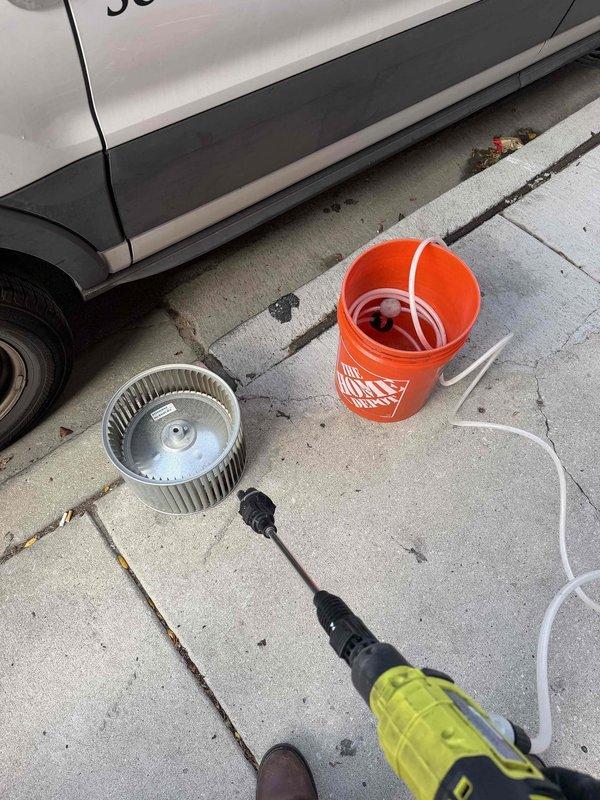 Completed outdoor AC maintenance service including blower wheel cage removal and cleaning. Performed gas union repair and reinstalled BWC assembly. System tested and returned to normal operation.