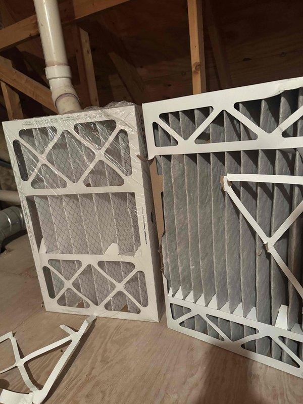Completed comprehensive HVAC maintenance agreement service including air conditioning, furnace, and humidifier systems. Replaced 16x25x4 media air filters that showed significant dust accumulation, removing old filters from attic installation location. Performed diagnostic testing using digital manometer to measure static pressure readings of 0.23 inches water column, verifying proper system airflow and operation across all equipment.