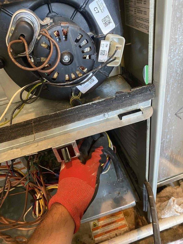 Replaced defective blower wheel and heat exchanger on residential furnace unit. Removed access panels to access internal components, disconnected electrical connections and gas lines, and extracted failed heat exchanger showing signs of deterioration. Installed new heat exchanger assembly and blower wheel, reconnected all gas piping, electrical wiring, and control components. Tested system operation to verify proper airflow and heating function upon completion.