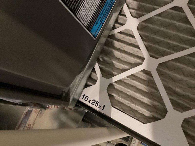 Completed scheduled HVAC maintenance agreement service at multi-story residential building. Replaced 16x25x1 pleated air filter in air handling system, ensuring proper airflow and system efficiency. Documented equipment condition and filter replacement with photos for service records.