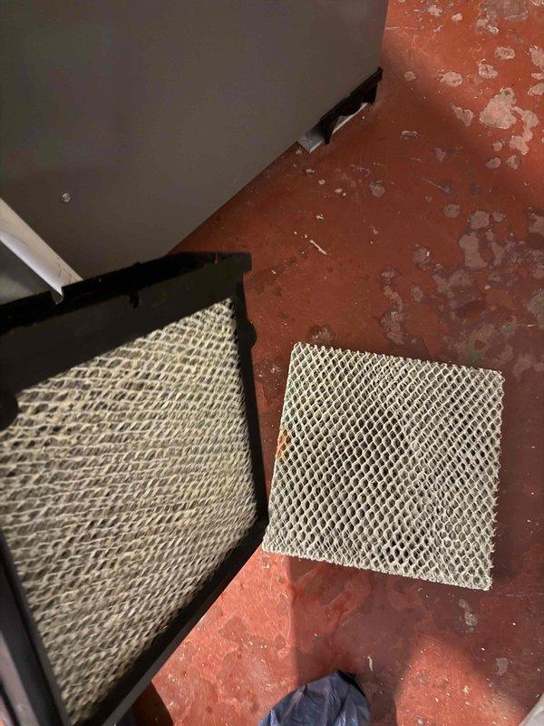 Completed comprehensive maintenance on two furnace and humidifier systems (units #10 and #35) as part of scheduled agreement service. Inspected and replaced air filters on both units, with photographic documentation showing significantly soiled filters removed and clean replacements installed. Media filters were not included in this maintenance visit per agreement terms.