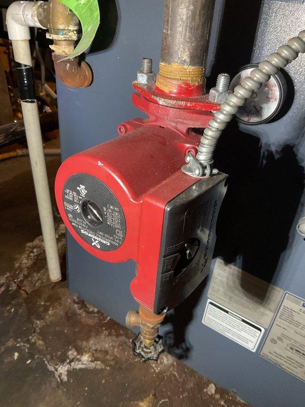 Completed comprehensive boiler maintenance and inspection as part of annual agreement service. Inspected and documented all system components including pressure regulator valve, circulator pump operation, and associated piping connections. Verified proper operation of red-cased circulator pump with all electrical connections secure, confirmed adequate flow through copper supply and return lines, and assessed condition of pressure reducing valve and related plumbing infrastructure in mechanical space.