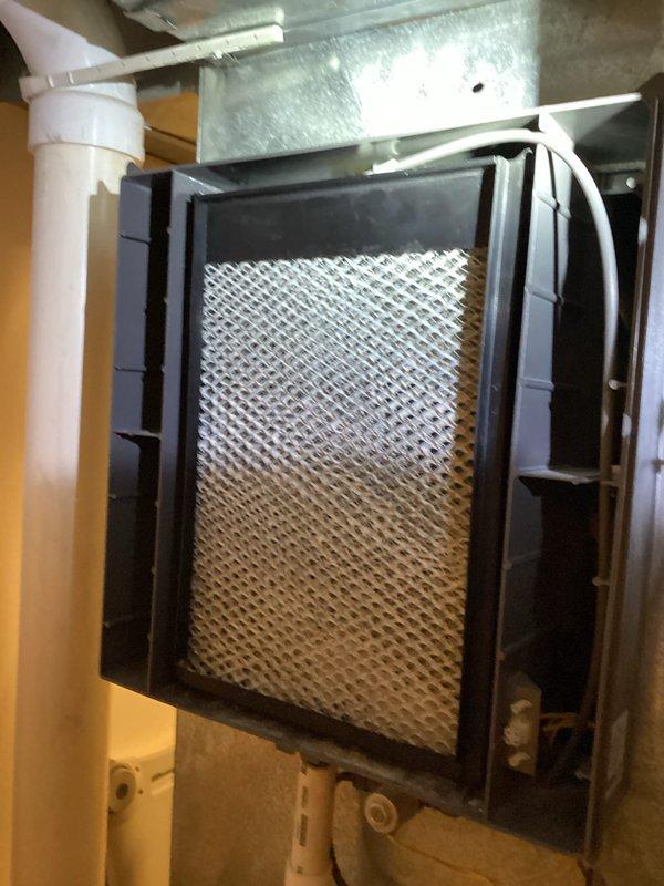 Completed comprehensive maintenance on Carrier furnace and humidifier system under agreement #10. Performed standard system inspection, documented moisture readings on floor surface showing 18.9% moisture content, and inspected air filtration system with electronic air cleaner featuring diamond-pattern mesh filter showing moderate dust accumulation in lower section, indicating normal operation and proper air flow through HVAC system.