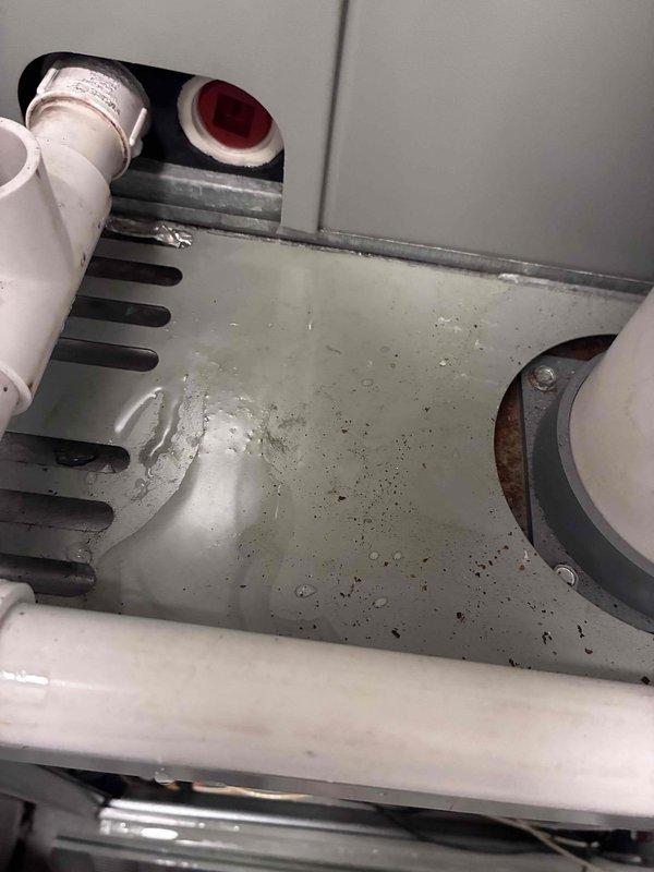 Responded to a no-heat complaint (furnace blowing cold air) and inspected the gas furnace with the lower access panel removed, finding standing water and rust/mineral staining on the base pan around the PVC flue/condensate connection, indicating a condensate drainage leak. Inspected the condensate drain line, collar, and fittings serving the furnace and associated coil cabinet, and addressed the water intrusion at the source to restore proper drainage and safe operation; tested the unit to verify heat output.
