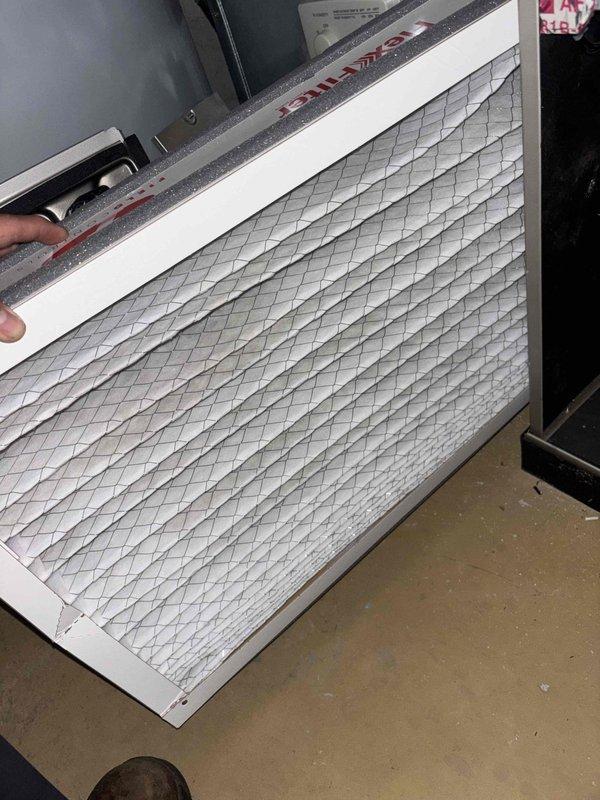 Performed seasonal maintenance on two furnaces, including inspection and replacement of the 16x25x1 and 16x25x4 air filters and service of the humidifiers. Verified blower motor operation with a clamp meter amperage reading (2.06 A) and found all components in good condition with no signs of damage, rust, or ice.