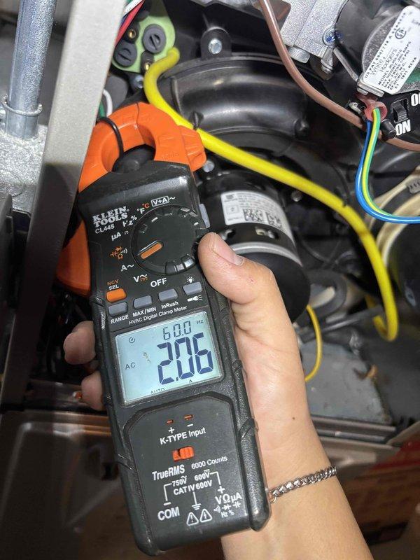 Performed seasonal maintenance on two furnaces, including inspection and replacement of the 16x25x1 and 16x25x4 air filters and service of the humidifiers. Verified blower motor operation with a clamp meter amperage reading (2.06 A) and found all components in good condition with no signs of damage, rust, or ice.