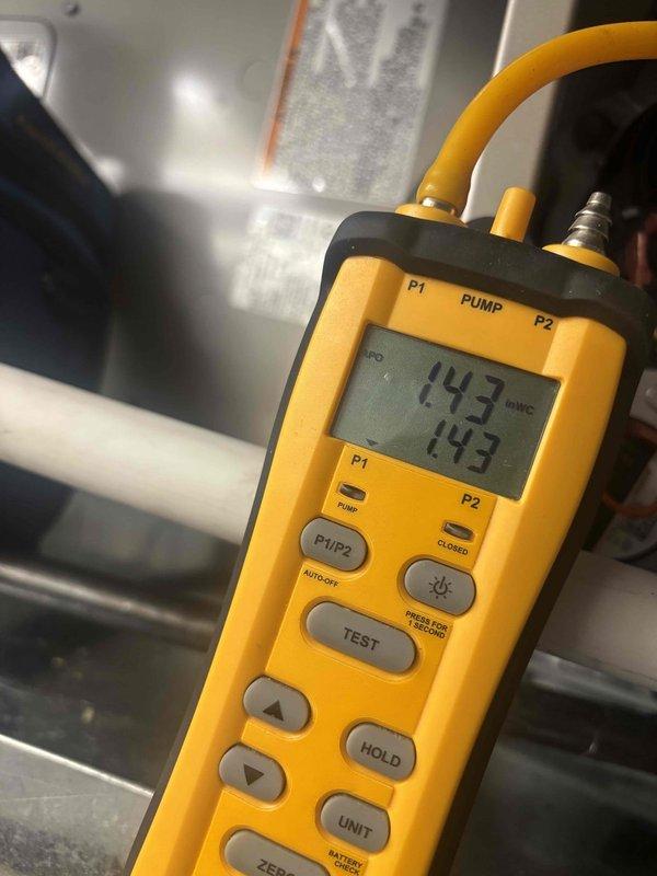 Completed system start-up of the heating portion and water heater installation. Performed gas pressure verification using a digital dual-port manometer, measuring and confirming manifold and supply pressures within manufacturer specifications. Verified proper operation of the pressure switches, inducer/blower assembly, and associated wiring connections, with no visible damage or abnormalities noted.