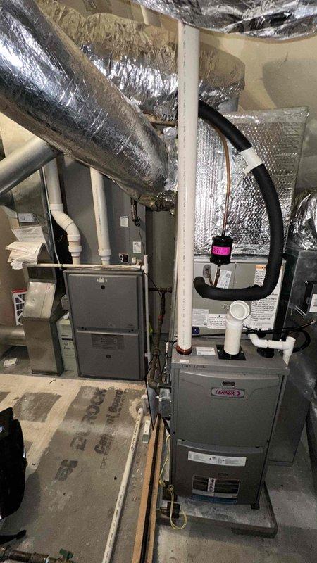 Performed scheduled maintenance on two Lennox gas furnaces under the service agreement, including inspection of the condensate drain, PVC venting, refrigerant line, and ductwork connections. Replaced the 16x25x1 fiberglass return air filters with new filters (the removed filter showed noticeable particulate loading), while the 20x25x4 media filter was not included in this visit.