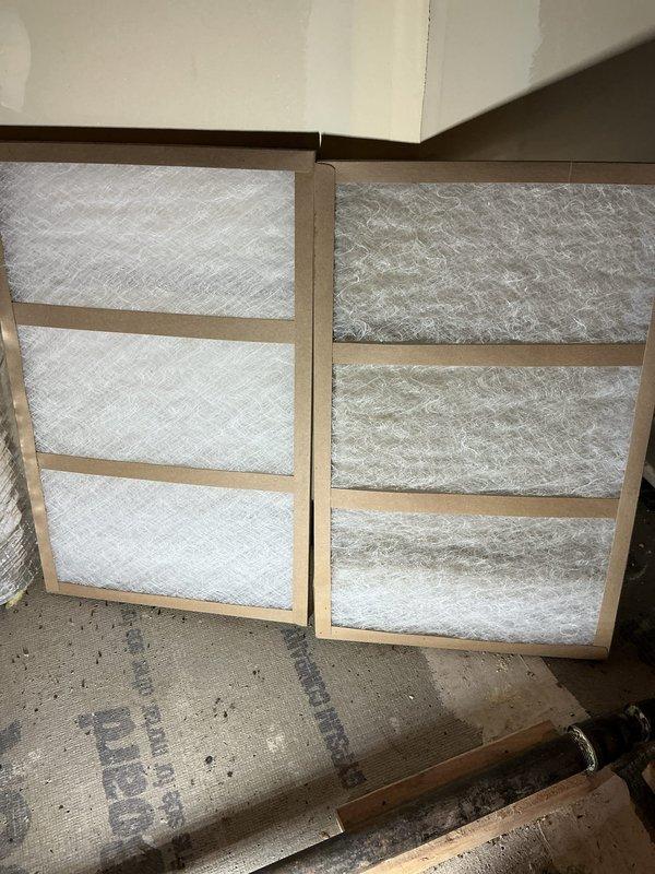 Performed scheduled maintenance on two Lennox gas furnaces under the service agreement, including inspection of the condensate drain, PVC venting, refrigerant line, and ductwork connections. Replaced the 16x25x1 fiberglass return air filters with new filters (the removed filter showed noticeable particulate loading), while the 20x25x4 media filter was not included in this visit.