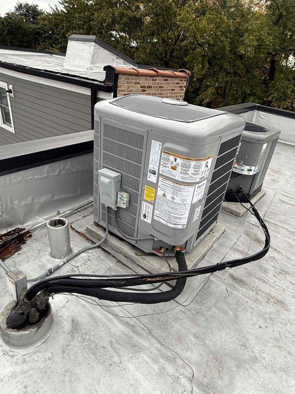 Completed a full HVAC system changeout, replacing the furnace, condenser, evaporator coil, humidifier, and thermostat with a two-person crew in one day. The new rooftop condenser was set on a level pad and connected to the existing refrigerant line set, electrical disconnect, and flexible conduit, with the indoor components installed and integrated to operate as a matched system.