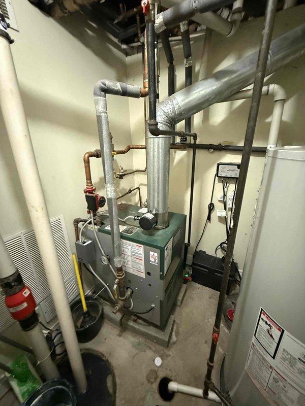 Performed scheduled maintenance inspection on the gas-fired boiler, including flue and venting, circulator pump, associated hydronic piping, and valves, as well as the gas-fired water heater and its supporting connections. Verified the smart thermostat display and operation, and confirmed the equipment was in working order at completion.
