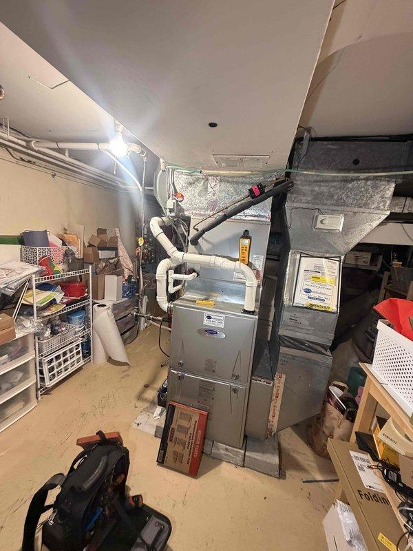 Performed scheduled maintenance on two gas furnaces, two humidifiers, and one water heater, including inspection of the furnace cabinets, condensate and venting PVC, ductwork, and the blower assembly. Verified safe, proper operation of all equipment and confirmed the 16x25x4 media filter is due for replacement (filter supplied separately).