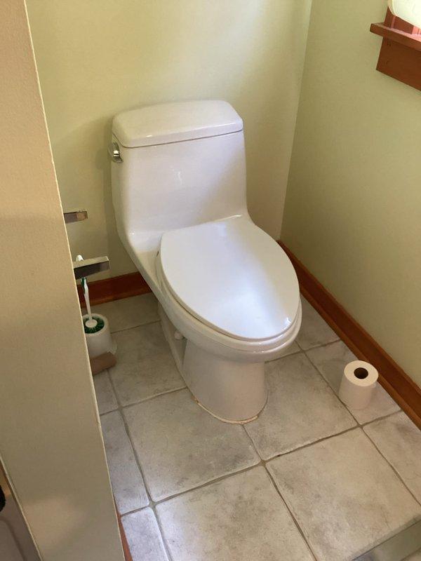 Inspected two bathrooms to assess scope for replacing both lavatory sink drain assemblies, replacing the existing one-piece toilet, and repairing a persistent drip at the vanity faucet. Evaluated the brass two-handle faucet and drop-in sink for worn cartridges or washers and drain stopper condition, and checked the toilet's floor seal and supply connections for caulk discoloration or leakage. Documented fixtures and existing conditions with photos to prepare an accurate quote for the repairs and replacements.