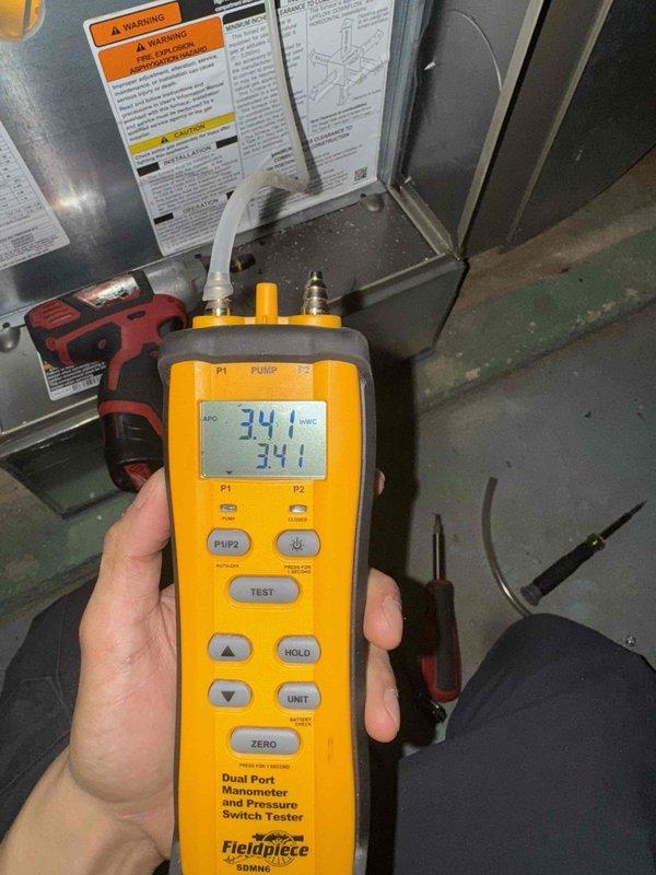 Performed maintenance on one gas furnace, including cleaning and inspection of the blower assembly and verification of operating pressures with a digital dual-port manometer. The blower wheel was cleaned of dust and residue and found free of damage, rust, or corrosion, and the unit was returned to normal operation.