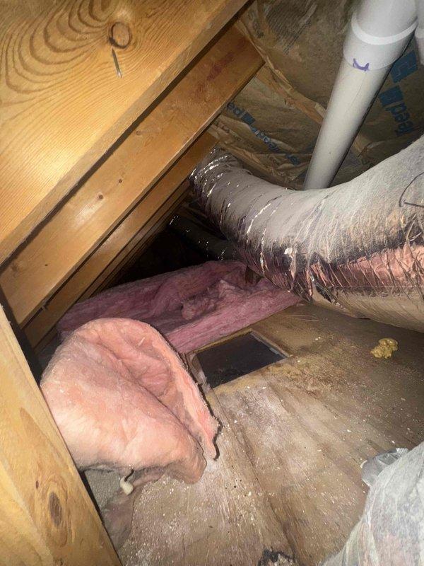 Installed a humidifier serving the second floor, including routing and securing of supply lines and ductwork in the attic space, and restored displaced insulation around the work area. Cleaned the evaporator coil to remove buildup and restore proper airflow and heat transfer, and flushed the water heater to clear sediment and improve efficiency. Inspected attic piping insulation, noting a split section of foam pipe insulation over the copper line.