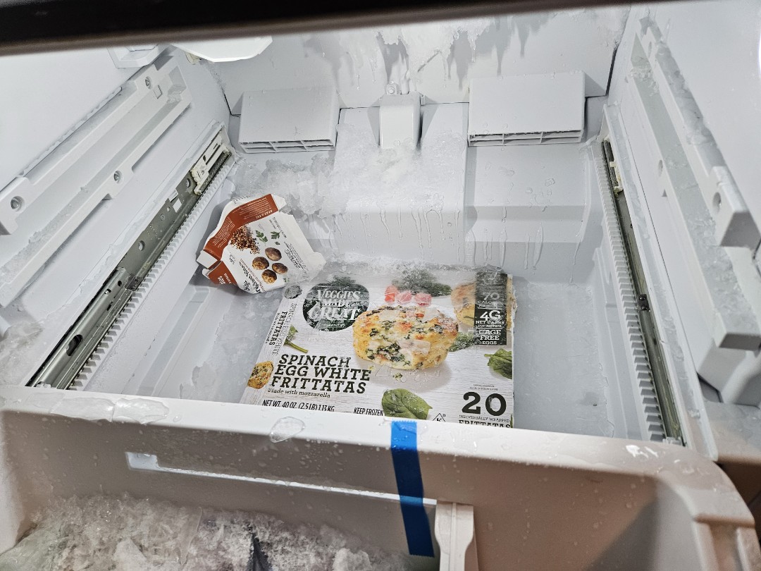 One of the down sides to a bottom-freezer fridge, is the inability to see if any food items have shifted to someplace that prevents proper appliance operation. 