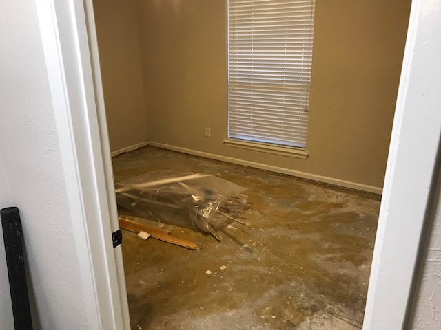 Inspecting water damage at a home in Arlington, Texas after a heavy rain caused flooding to several rooms.