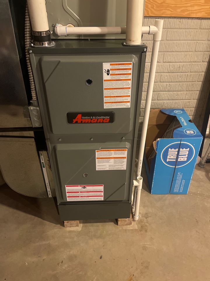 Installed Amana modulating variable speed furnace.