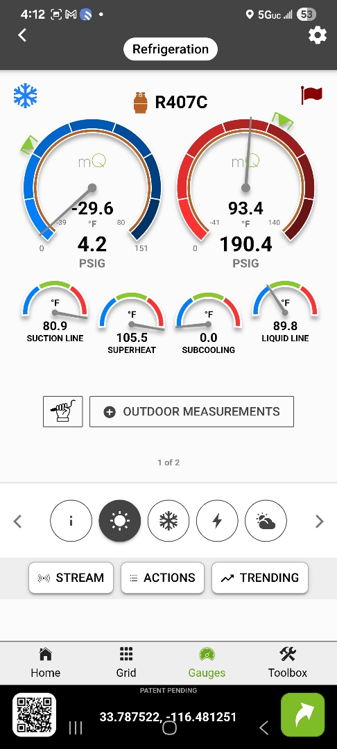 Here at Bart and lounge, in E palm canyon dr Cathedral city, working on Walk in cooler, system has a leak and is low on refrigerant it uses r407C but for this application R407A would of been better, some one else installed system, Walk in cooler was a little low When we arrived! 