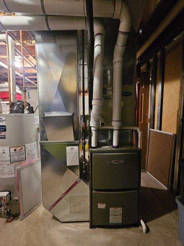 Successfully installed a Lennox 96% efficiency single stage 110kBtu upflow furnace with approximately 60 feet of 3" venting replacement. Installation required metal fabrication and spacer installation to properly fit the unit. Customer's existing Nest thermostat was reconnected and system was leveled and tested for proper operation.