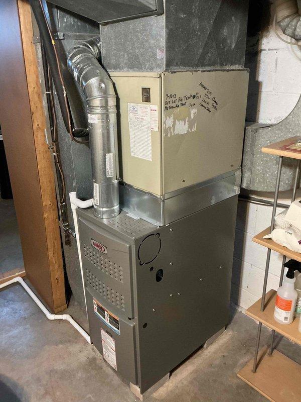 Performed scheduled furnace tune-up on Lennox heating system. Inspected ventilation system, checked connections on air handler, and verified proper operation of all components. Equipment appears to be in normal operating condition with no issues identified.