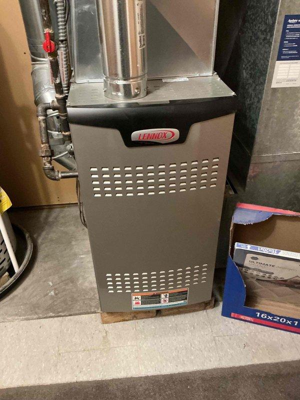 Performed routine maintenance on Lennox natural gas furnace. Inspected heat exchanger, ductwork, and exhaust pipe system for proper operation and integrity. Replaced 16x20x7 air filter and confirmed system is functioning efficiently with no visible issues.