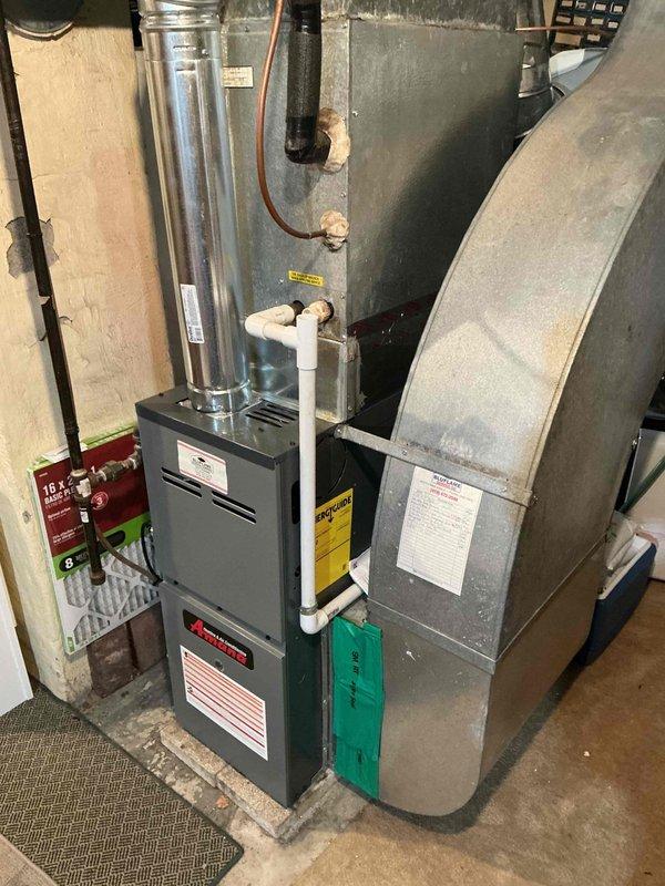 Performed annual furnace tune-up on residential HVAC system located in basement utility area. Inspected gas furnace, associated ductwork, and ventilation components; all systems functioning properly with no issues identified. Adjacent water heater was noted but not serviced as part of this maintenance visit.