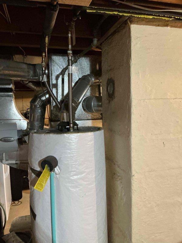 Performed annual furnace tune-up on residential HVAC system located in basement utility area. Inspected gas furnace, associated ductwork, and ventilation components; all systems functioning properly with no issues identified. Adjacent water heater was noted but not serviced as part of this maintenance visit.