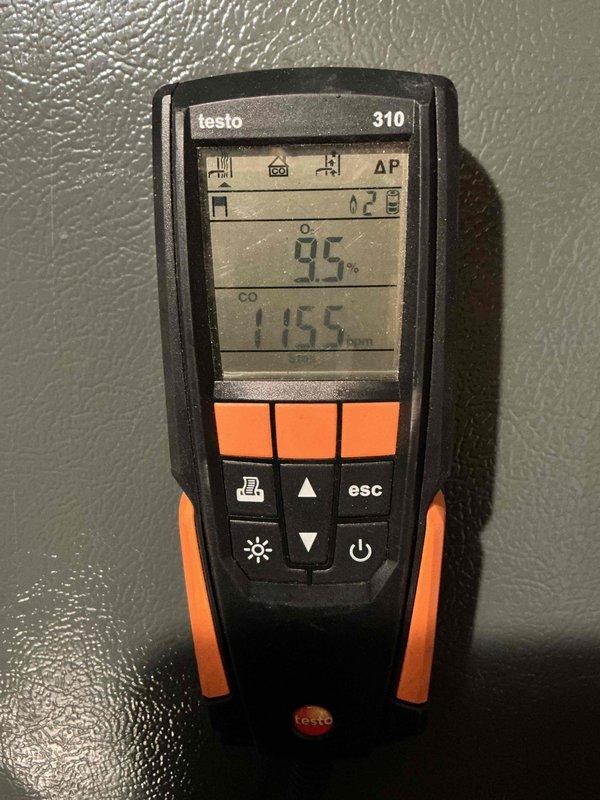 Performed routine heating maintenance on 12-year-old MVP system. Conducted combustion analysis using Testo 310 analyzer, measuring oxygen levels (9.2-9.5%) and carbon monoxide (115.4-1155 ppm). Service completed within scheduled timeframe.
